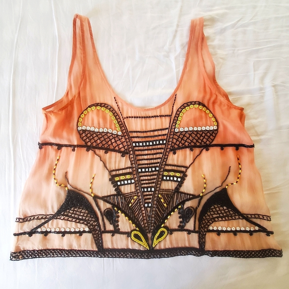 VINTAGE Silk Tank Top with Intricate Beaded Design